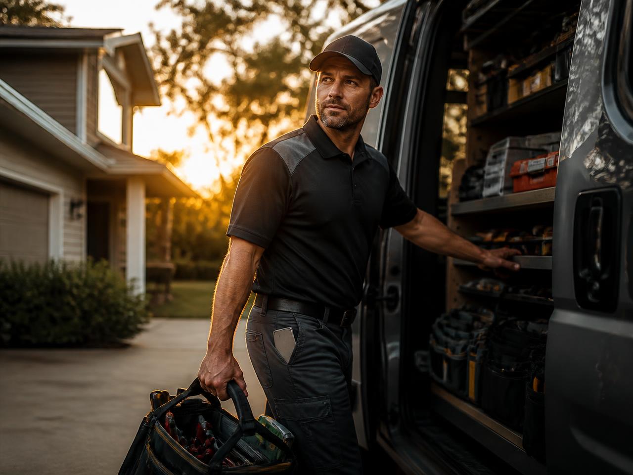 Home service business owner loading his van while Bridge Reception handles his calls